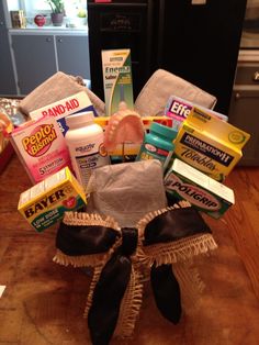 a basket filled with various items on top of a wooden table