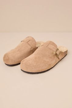 Your most convenient and casually cute looks are definitely going to include the Lulus Pereta Taupe Suede Flatform Slip-On Clogs! These soft faux suede clogs have a rounded-toe upper with a decorative strap detail and an adjustable bronze buckle. A contoured insole completes the simple, slide-on design. 0. 25" treaded foam sole. Contoured insole. Rubber sole has nonskid markings. Man made materials. Imported. Lulus | Pereta Taupe Suede Flatform Slip-On Clogs | Size 6. Casual Beige Slip-on Clogs, Casual Suede Slip-on Clogs, Beige Synthetic Slip-on Clogs, Brown Suede Slip-on Clogs, Suede Slip-on Clogs With Buckle Closure, Cute Slides, Cute Looks, Suede Clogs, Closed Toe Shoes