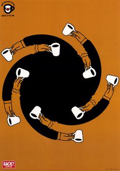 four people holding coffee mugs in the middle of a circle with their hands together