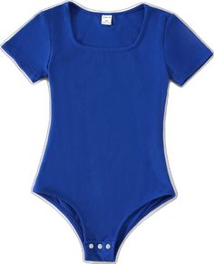 Fitted Blue Bodysuit, Fitted Blue Solid Color Bodysuit, Casual Blue Cotton Bodysuit, Blue Fitted Cotton Bodysuit, Fitted Blue Cotton Bodysuit, Fitted Blue Bodysuit For Summer, Fitted Blue Summer Bodysuit, Solid Color Short Sleeve Bodysuit For Beach, Casual Cotton Bodysuit For Summer