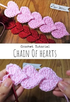 the crochet heart is being worked on by someone using yarn to make it