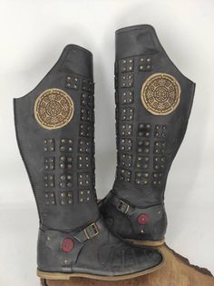 Leather Boots With Rivets For Cosplay, Leather Festival Boots With Rivets, Leather Boots With Rivets For Festivals, Leather Moto Boots With Rivets For Festival, Festival Leather Boots With Rivets, Leather Medieval Boots For Cosplay, Medieval Leather Boots For Cosplay, Viking Style Leather Boots For Cosplay, Brown Leather Boots For Cosplay