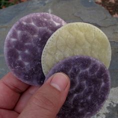 a hand is holding two purple and yellow circles