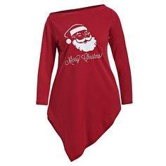 Skew Neck Santa Claus Print Longline Tee - Red - 3B12847315 - Women's Clothing  #WomensClothing #Women's #Clothing Womens Dress Coats, Cheap T Shirts, Trendy Plus Size Clothing, Plus Size Kleidung, Fashion Seasons, Mom Outfits, Plus Size Shirts, Plus Size T Shirts, Printed Tees