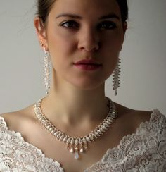 Bridal statement necklace Victorian wedding jewelry sets for Elegant Pearl Bridal Sets With Pearl Drop, Elegant White Crystal Bridal Sets, Bridal Necklace With Pearl Drop For Wedding, Elegant Pearl Bridal Sets For Formal Occasion, Elegant White Bridal Sets With Pearl Drop, Elegant Crystal Jewelry Sets With Pearl Drop, Elegant Pearl Bridal Sets For Weddings, White Wedding Jewelry Sets With Sparkling Stones, White Sparkling Stones Jewelry Set For Wedding