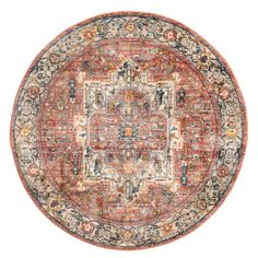 an orange, blue and beige rug on a white background with the center medallion in the middle