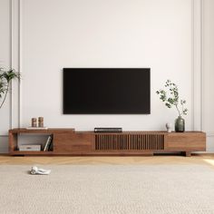 a flat screen tv sitting on top of a wooden entertainment center next to a potted plant