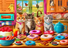 three cats are sitting in front of a table full of doughnuts and fruit