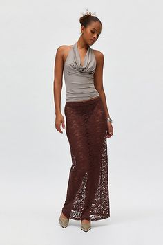 Modern minimal Lioness maxi skirt in a body-skimming, column silhouette. Designed in a sheer floral lace featuring a low-rise waistline for an effortless vibe. Features Lioness Black Swan sheer lace maxi skirt Low rise maxi skirt Sheer floral lace with stretch Low rise elasticated waistline Body-skimming fit Maxi length Unlined Easy pull-on style Content + Care 90% Nylon, 10% spandex Machine wash Imported Size + Fit Model in Brown is 5’11" and wearing size Small Measurements taken from size Small Length: 42.5" | Lioness Black Swan Sheer Lace Maxi Skirt in Brown, Women's at Urban Outfitters Sheer Lace Fitted Skirt, Party Lace Fitted Maxi Skirt, Fitted Lace Maxi Skirt For Party, Fitted Party Maxi Skirt With Lace Trim, Chic Sheer Fitted Maxi Skirt, Elegant Fitted Sheer Maxi Skirt, Chic Fitted Sheer Maxi Skirt, Chic Fitted Maxi Skirt With Lace Trim, Low Rise Maxi Skirt