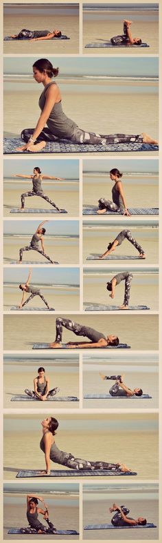 a woman doing yoga poses on the beach