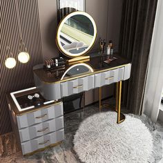 a vanity with a mirror, stool and lights