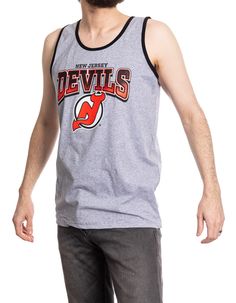 The Originals Collection Be prepared for anything this summer in this Devils Gradient Print Tank Top! This NHL Licensed tank top is perfect for any task you may have going on that day. Made from 100% cotton, this comfortable tank top comes with your favorite team's logo screen printed onto the shirt! Officially Licensed NHL Product comes with Authentic Hangtags Devils font features a gradient effect 100% Cotton Casual Racerback Tank Top With Letter Print, Casual Cotton Racerback T-shirt, Summer Gym Cotton Top, Summer Cotton Gym Top, Cotton Gym Top For Summer, Cotton Top For Gym In Summer, Sporty Cotton Tank Top With Graphic Print, Summer Tank Top For Leisure, Crew Neck Cotton Tank Top For Sports