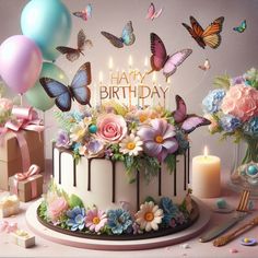 a birthday cake with flowers and butterflies on it is surrounded by balloons, candles and gifts