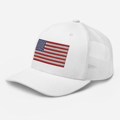 Show off your American pride with our America Flag Trucker Hat! This classic white hat features a vibrant embroidered American Flag on the front, making it a standout piece for any patriotic event. Designed with a breathable mesh back and an adjustable snap closure, this Patriotic trucker hat ensures all-day comfort and a perfect fit. Whether you're at a summer barbecue, out on a hike, or simply running errands, this hat is perfect for showing your patriotism year-round. Show your love for the U Summer Mesh Trucker Hat For Sports Events, White Cap For Memorial Day, Adjustable White Hat For 4th Of July, White Flat Bill Trucker Hat For Baseball Season, Summer White Mesh Hats, Adjustable White Mesh Hat, White Adjustable Breathable Trucker Hat, White Hats For Summer Sports Events, White Baseball Cap For 4th Of July