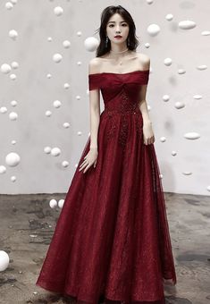 Off Shoulder Ball Gown, Prom Dresses Elegant, Prom Dress Evening, Burgundy Prom Dress, Prom Dress Inspiration, Evening Dresses Cocktail, Off Shoulder Fashion, Custom Size Dresses, Dress Cocktail