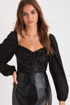 Black Sequin Crop Top - Sequin Top - Sheer Balloon Sleeve Top - Lulus Glamorous Embellished Top For Date Night, Embellished Glamorous Top For Date Night, Glamorous Fall Top With Contrast Sequin, Glamorous Contrast Sequin Top For Fall, Glamorous Fall Tops With Contrast Sequin, Embellished Tops For Date Night And Party Season, Black Fitted Sequin Fabric For Date Night, Black Embellished Sequin Fabric For Date Night, Fitted Black Sequin Fabric For Date Night