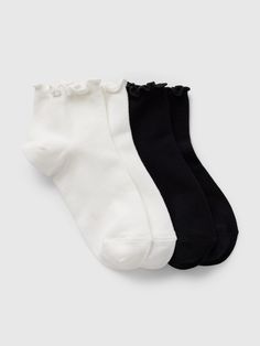 Soft, stretch ankle socks.  Ribbed, ruffled top.  Reinforced toe and heel.  This sock is made with 20% recycled polyester.  Compared to virgin materials, using recycled materials helps to reduce resource use and waste.  This product was made in a factory that invests in gender equality and women’s empowerment.  Through RISE Reimagining Industry to Support Equality) and Gap Inc. ’s program P. A. C. E.  Personal Advancement & Career Enhancement), we support people who make our clothes to build the Teen Ankle Socks, Winter Necessities, Romanticizing School, Ruffled Socks, Cute Pants, Brand Collaboration, Ruffled Top, Gender Equality, Support People