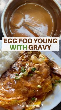 egg foo young with gravy on a white plate and in a brown bowl