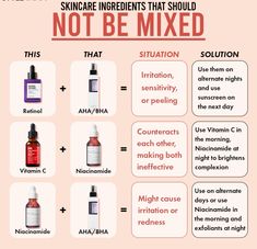 Some skincare ingredients don’t play nice together and for the sake of your skin, make sure to not mix them together! Facial Routine Skincare, Beauty Treatments Skin Care, Natural Face Skin Care