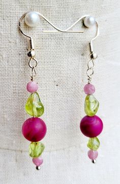 Pink Jade Jewelry Gift, Pink Jade Jewelry As A Gift, Pink Jade Jewelry For Gift, Green Gemstone Earrings With Round Beads, Green Gemstone Round Bead Earrings, Pink Faceted Beads Jewelry, Pink Jewelry With Faceted Round Beads, Faceted Czech Glass Round Beads Jewelry, Pink Bohemian Jewelry With Faceted Beads