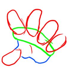 a drawing of a hand with red and green lines coming out of the thumbnails