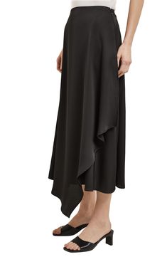 Tiered asymmetric ruffles bring head-turning charm to this maxi skirt crafted from silky charmeuse. 32"–38" length (size Extra Small) Hidden side-zip closure Unlined 100% polyester Hand wash, dry flat Imported Pre-draped Asymmetrical Skirt For Evening, Formal Pre-draped Flowy Skirt, Black Draped Skirt With Asymmetrical Hem For Formal Occasions, Elegant Evening Draped Skirt With High-low Hem, Black Draped Flowy Skirt, Black Flowy Draped Skirt, Formal Silk Skirt With Asymmetrical Hem, Asymmetrical Silk Evening Skirt, Black Asymmetrical Draped Skirt For Formal Occasions