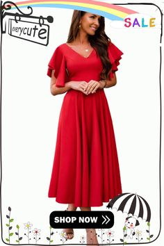 Red V Neck Ruffled Sleeves Flare Long Dress Flare Long Dress, Dresses By Length, Ruffled Sleeves, Neck Ruffle, Women Dresses, Maxi Dresses, Women's Fashion Dresses, Dresses Maxi, Long Dress