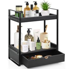 a black shelf with some bottles and soaps on it's sides, along with other bathroom items