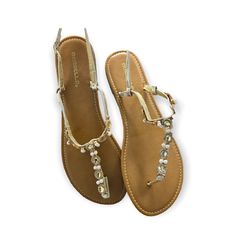 Marbella Gold Embellished Sandals Size: 11 Brand: Marbella Puma Sandals, Tory Burch Sandal, Mia Sandals, Coach Flip Flops, Bronze Sandals, Arch Support Sandals, Supportive Sandals, Pearl Sandals, Brown Leather Wedges