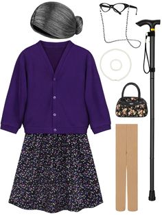 a woman's outfit and accessories including a purple cardigan