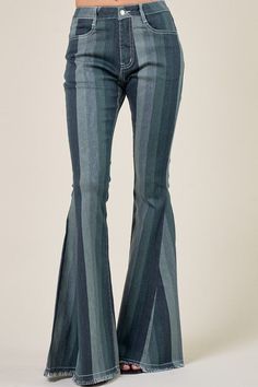 flared denim jeans, striped jeans, very 70s, fun, stretched denim pants, fringe detail at hem, very flattering, perfect with platforms for complete look. 70s Pants, Outfits 70s, Flared Denim, Stretch Denim Pants, 70s Outfits, Flare Denim Jeans, Striped Jeans, Washed Denim, Denim Flares