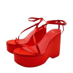 Zara Chunky Red Satin Strap Wedge Sandals Platform 2022 Size 40 Fit Size Us8.5 Or 9 Brown Espadrilles, Studded Combat Boots, Cowboy Ankle Boots, Heeled Espadrilles, Zara Heels, Sandals Platform, Braided Sandals, Chunky Sandals, Strap Wedge