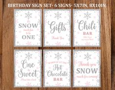 four pink and silver christmas cards with snowflakes on them, one saying it's snow