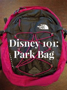 the north face disney 101 park bag is pink and black with white lettering on it