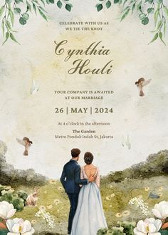 a wedding card with an image of two people standing in the grass and flowers on it