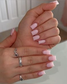 short, square, acrylics Shortie Nail Ideas, Square Acrylics, Plain Acrylic Nails, Milky Nails, Acrylic Toe Nails, Pink Gel, Colored Acrylic Nails, Girly Acrylic Nails, French Tip Acrylic Nails