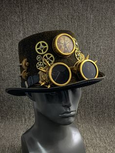 "This beautiful Steampunk Party Hat is made of 100% finest quality and hand-painted craftsmanship. Occasion: Great for Steampunk, Halloween, Music Festival, Burning Man, Masquerade Party, and more. Color: Black Inside Measurement: Length: 7.5\" Width:8\" Depth of Hat: 5.5\"" Vintage Halloween Costume Accessories For Themed Events, High Crown Top Hat For Halloween Themed Events, Halloween High Crown Top Hat For Themed Events, Halloween Themed Short Brim Top Hat, Steampunk Fitted Top Hat For Themed Events, Fitted Steampunk Top Hat For Themed Events, Vintage Costume Hats And Headpieces For Halloween Cosplay, Vintage High Crown Costume Accessories For Costume Party, Vintage High Crown Accessories For Costume Party