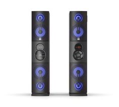 two black speakers with blue lights on the sides and one is turned on to show an alarm