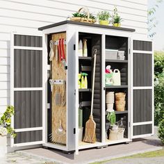 an outdoor storage shed with gardening tools and cleaning supplies