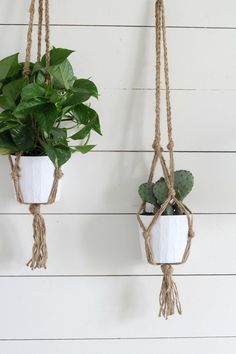 two hanging planters with plants in them on a white wooden wall next to each other