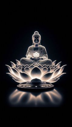 a buddha statue sitting in the middle of a lotus flower with its light shining on it