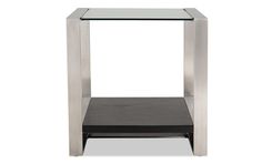 an end table with a glass top and metal legs