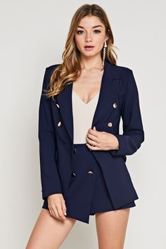 Madison Navy Blue Blazer and Short Set Model is 5'9" tall, 34" Chest, 25" waist, and 34" hips and wearing a size small Style No. IBS0140S Color: Navy Navy Blue Womens Suit Business, Blue Womens Suit, Blazer And Skirt Outfits, Blue Blazer Outfit, Blue Blazer Women, Dark Blue Blazer, Womens Suit, Pant Suits For Women, Blazer And Skirt Set