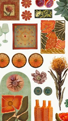 an assortment of orange and green art work on white paper with flowers, leaves, vases, and other decorative items