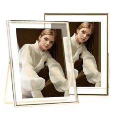 two photos of a woman in white clothes are shown with gold frames on the left and right sides