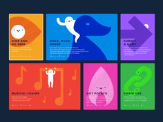 four colorful cards with different types of music