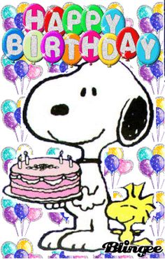 a happy birthday card with a snoopy holding a cake