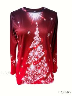 Lasaky - Premium Christmas-themed Graphic Print Crew Neck T-Shirt: Stylish Long Sleeve Top for Womens Spring & Fall Wardrobe Red Long Sleeve Christmas T-shirt, Red Festive Holiday Top, Festive Long Sleeve Tops For New Year, Red Holiday Tops For Festive Occasion, Red Long Sleeve Top For Gifts, Red Crew Neck Christmas Top, Red Crew Neck Top For Christmas, Red Crew Neck Top For Gift, Red Crew Neck Top For Holiday