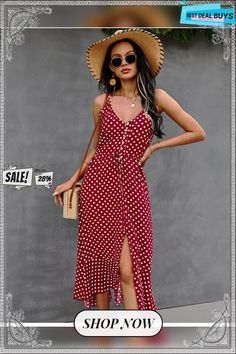 Spring Polka Dot Spaghetti Strap Dress Women Casual V Neck Holiday Style Bandage Dress Ladies High Wasit Summer Dresses Summer Dress With Polka Dot And Spaghetti Straps, Summer Polka Dot Dress With Buttons, Polka Dot Summer Dress With Buttons, Polka Dot Summer Dress With Spaghetti Straps, Polka Dot Sundress With Spaghetti Straps, Polka Dot Spaghetti Strap Vacation Dress, Spring V-neck Polka Dot Dress, Spring Polka Dot V-neck Dress, Summer V-neck Polka Dot Midi Dress