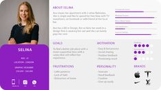 a purple and white resume with an image of a woman in the center is shown